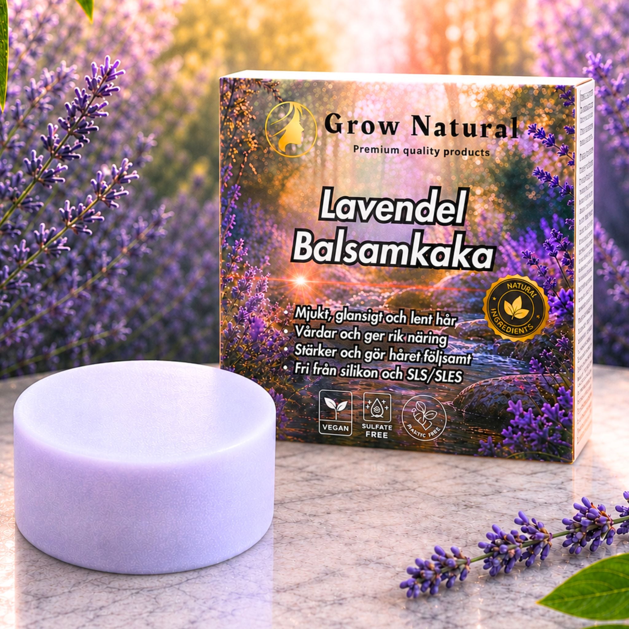 Grow Natural lavendel balsamkaka för mjukt, glansigt och följsamt hår – med lavendelblommor i bakgrunden.