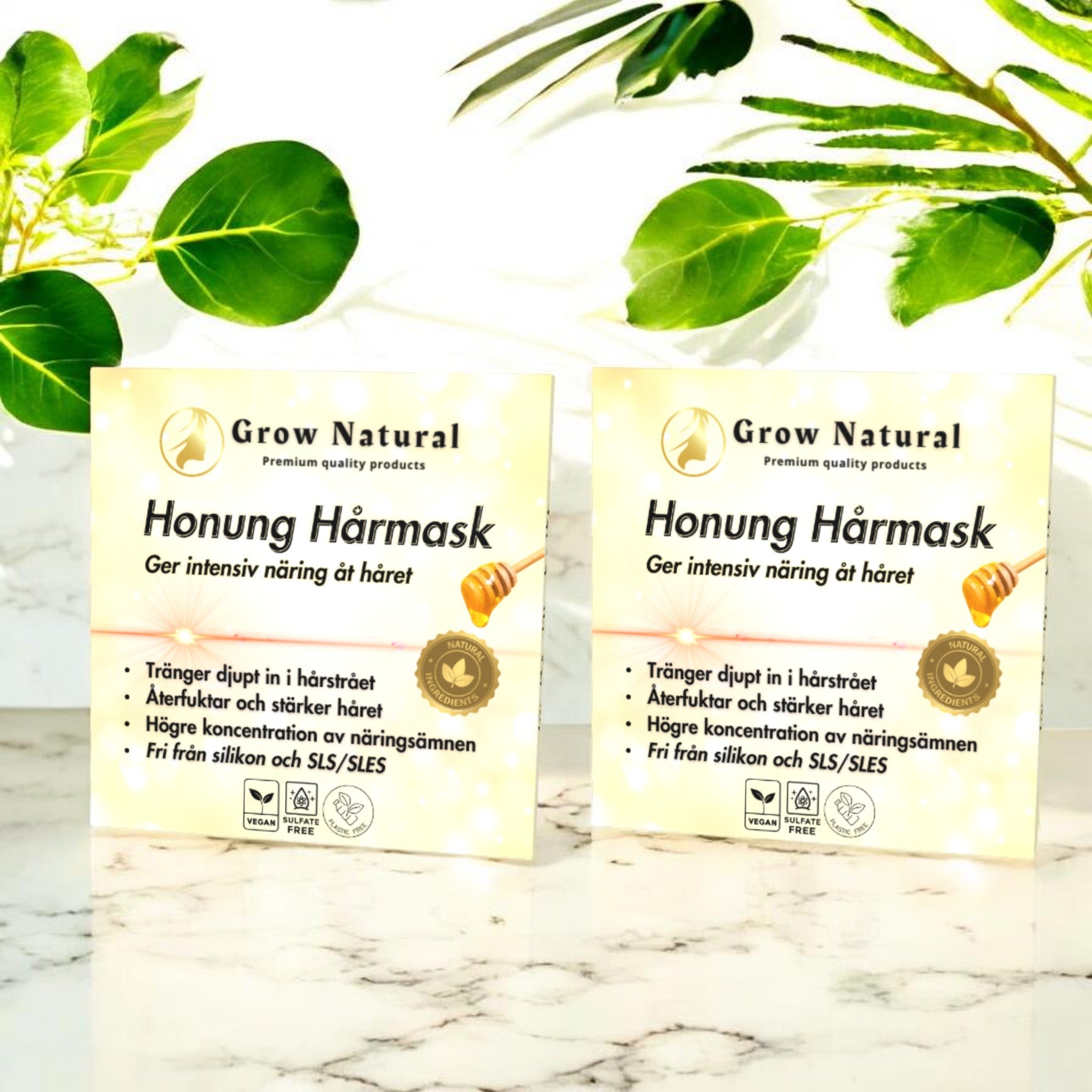 2-pack honung hårmask i fast form – återfuktande och vårdande hårinpackning från Grow Natural