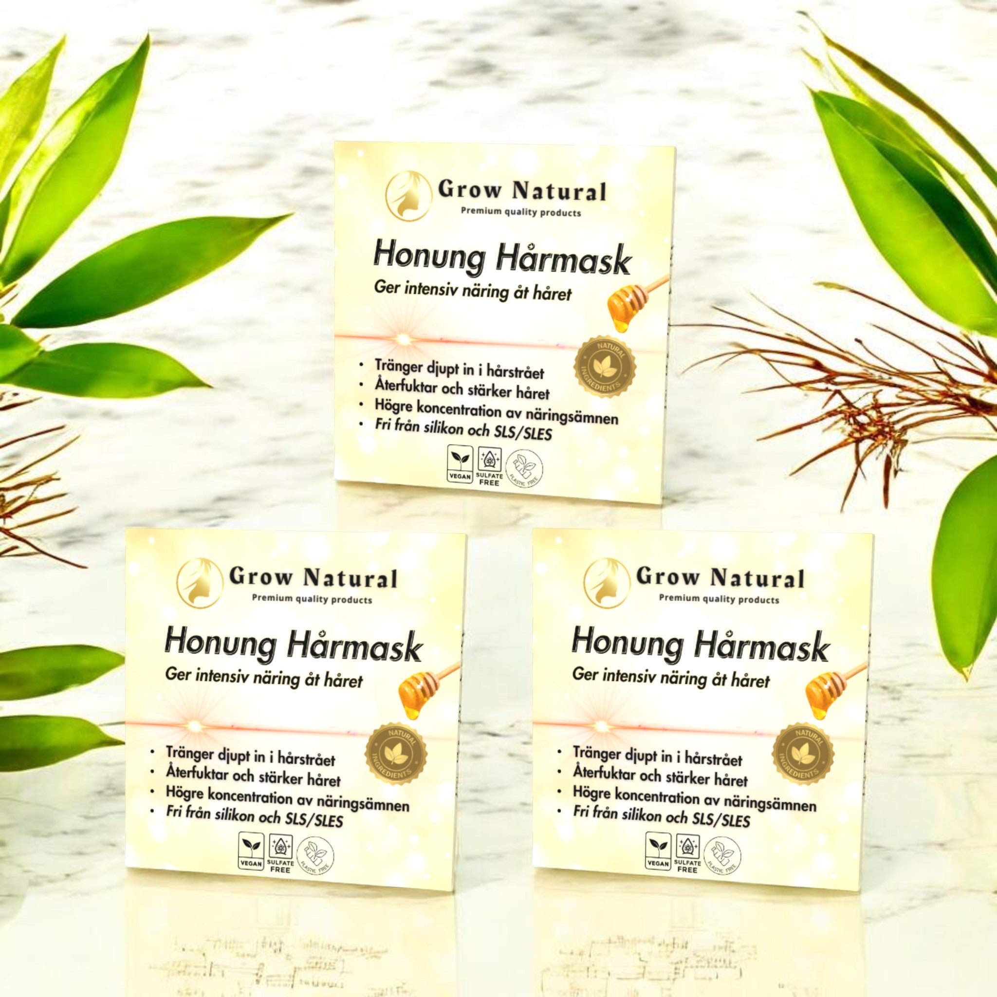 3-pack honung hårmask i fast form – återfuktande och vårdande hårinpackning från Grow Natural