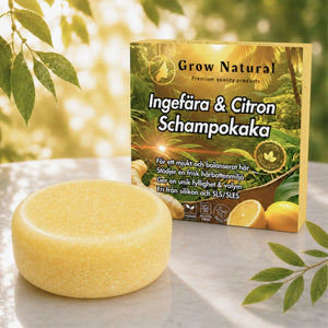 Grow Natural™ – Ingefära & Citron schampokaka med förpackning i naturmiljö