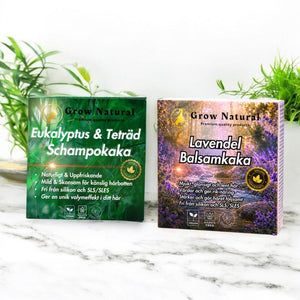 Grow Natural duo med Eukalyptus & Teträd schampokaka och Lavendel balsamkaka för känslig hårbotten och mjukt, följsamt hår.