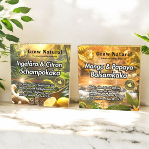 Grow Natural duo med Ingefära & Citron schampokaka och Mango & Papaya balsamkaka för mjukt, följsamt och återfuktat hår.