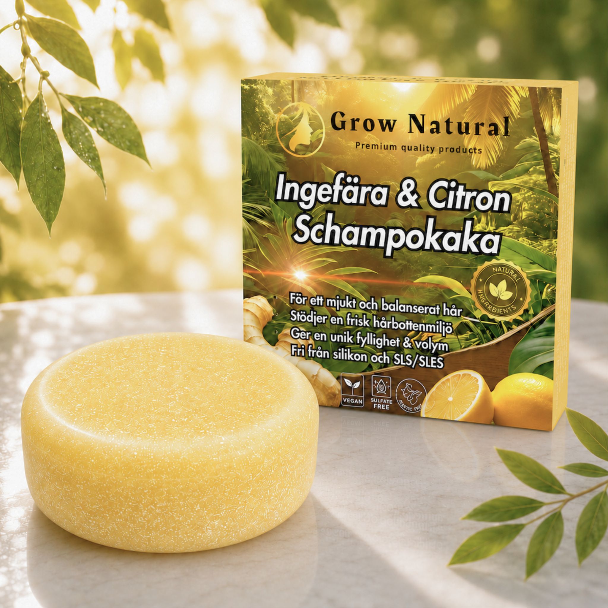 Grow Natural™ – Ingefära & Citron schampokaka med förpackning i naturmiljö