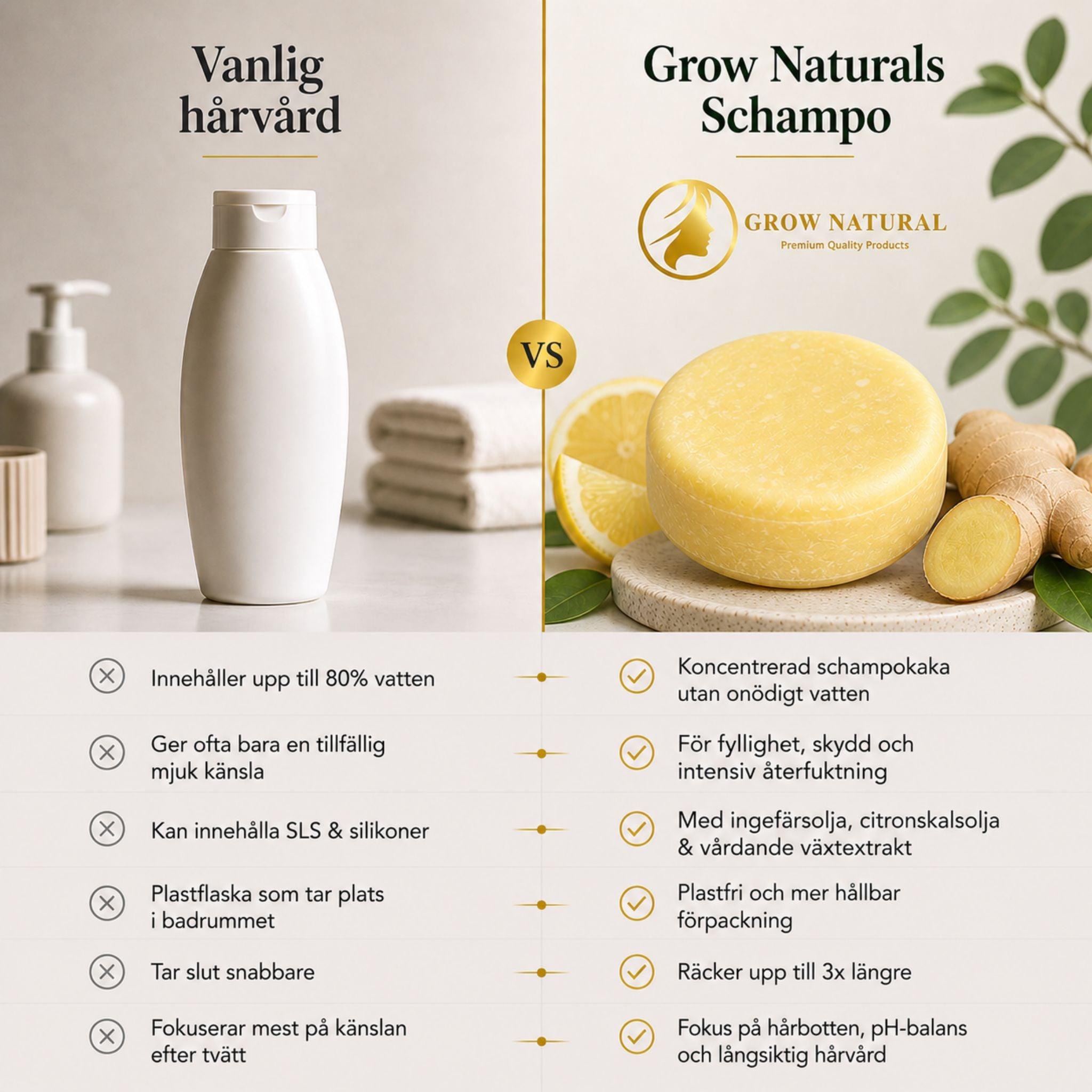 Jämförelse mellan vanligt flytande schampo och Grow Natural ingefära & citron schampokaka med fokus på vattenfri formula, vårdande ingredienser och hållbar förpackning.