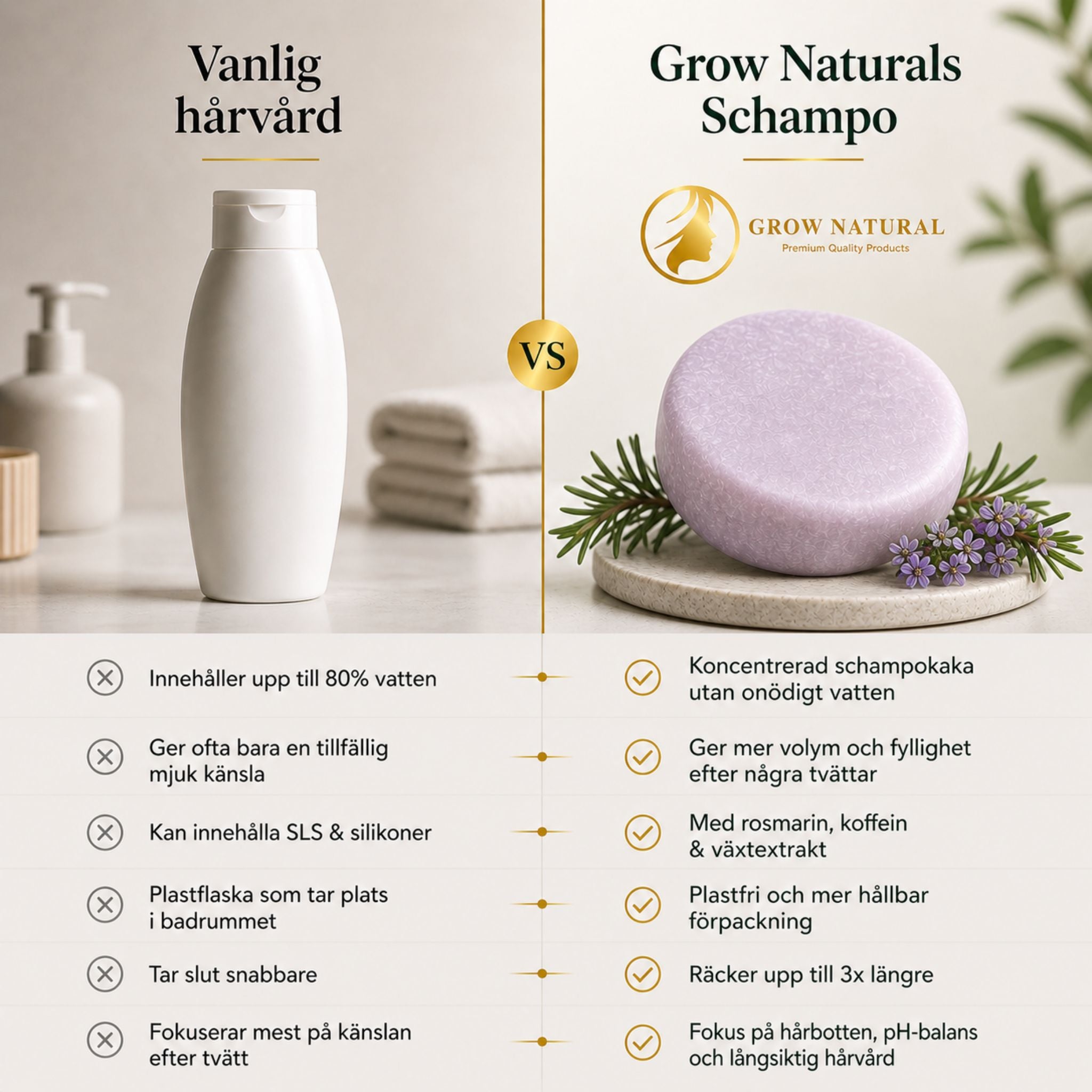 Jämförelse mellan vanligt flytande schampo och Grow Natural Rosmarin & Koffein schampokaka med fokus på volym, fyllighet och vård för hårbotten.