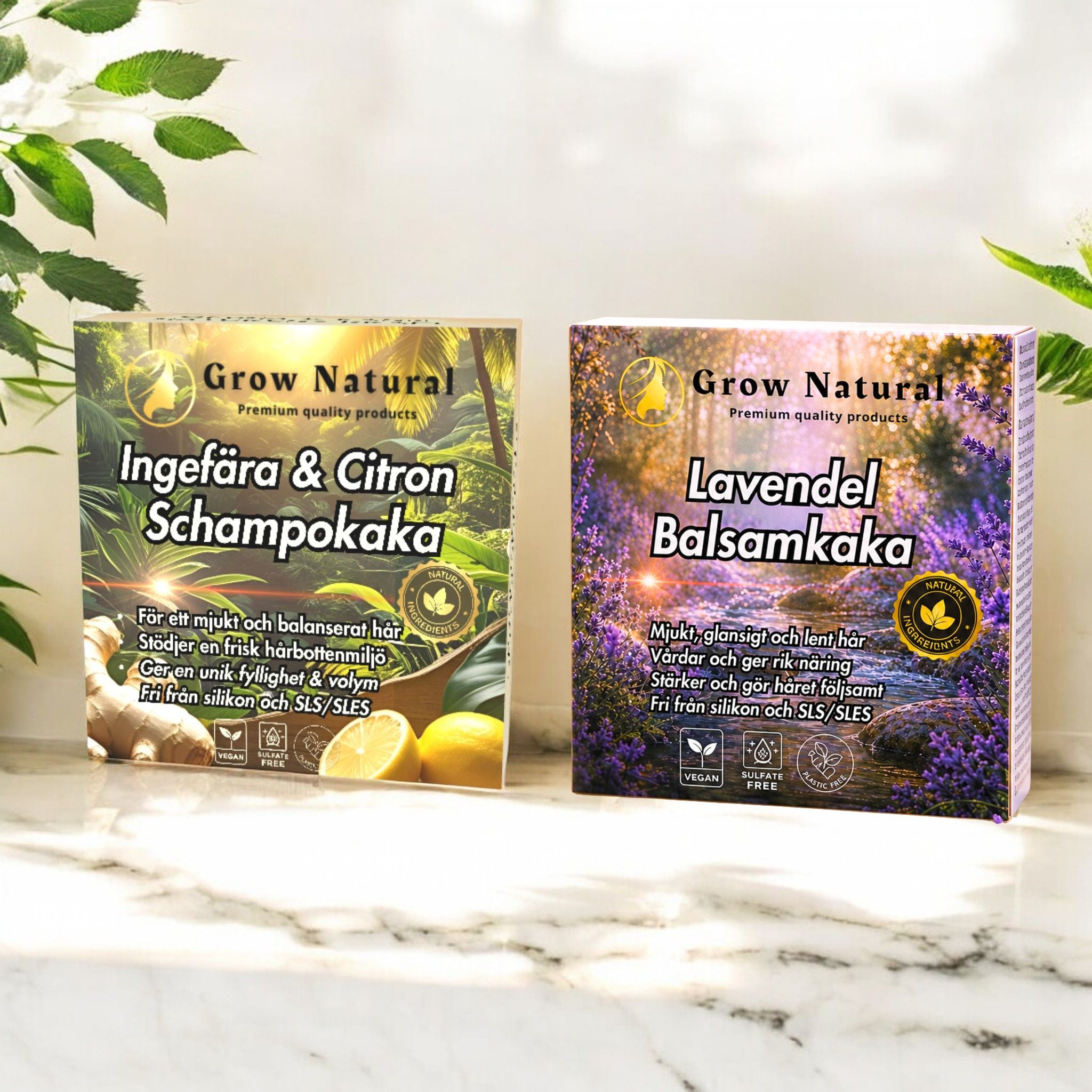 Grow Natural duo med Ingefära & Citron schampokaka och Lavendel balsamkaka för mjukt, följsamt och välmående hår.