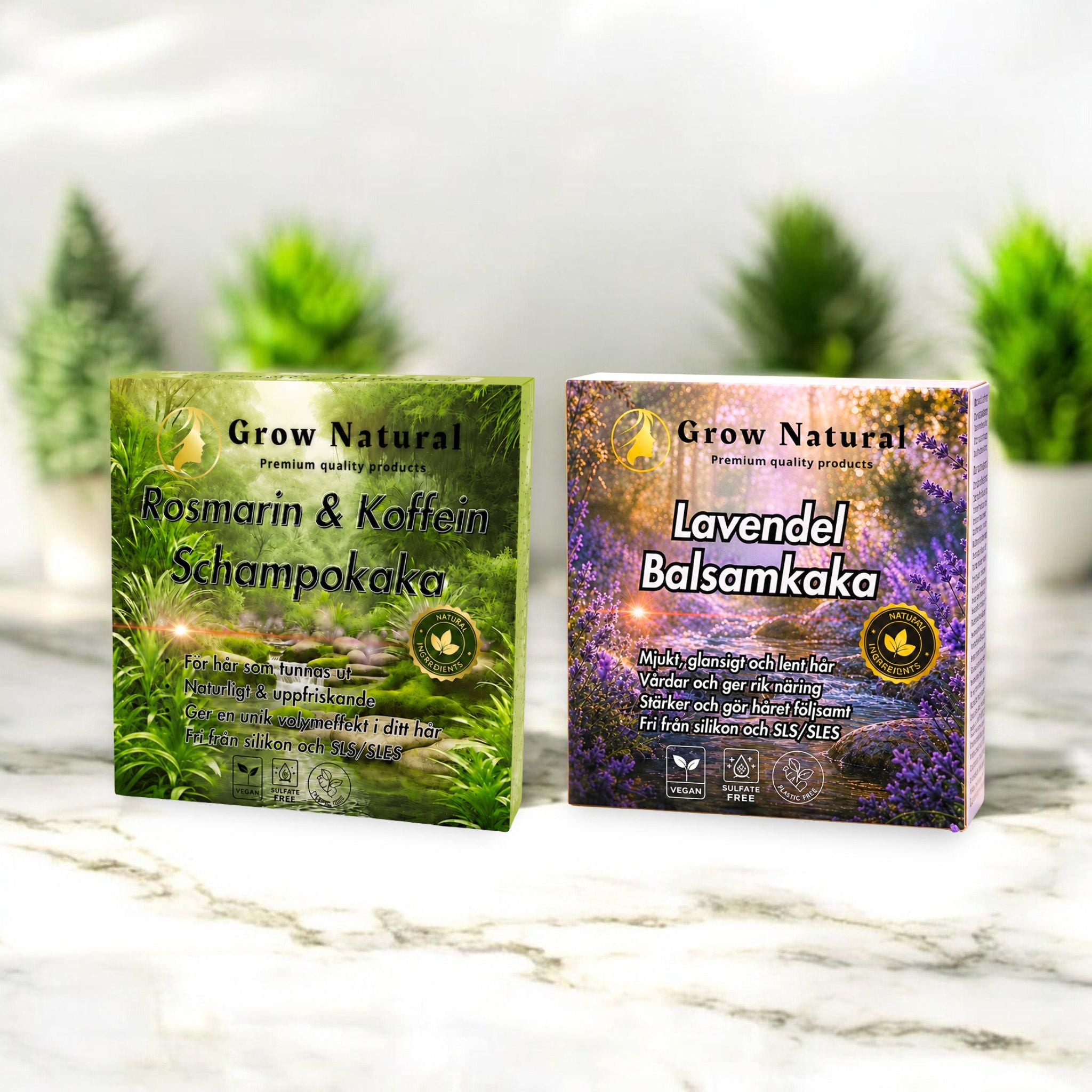 Grow Natural duo med Rosmarin & Koffein schampokaka och Lavendel balsamkaka för volym, fyllighet och mjukt, följsamt hår.
