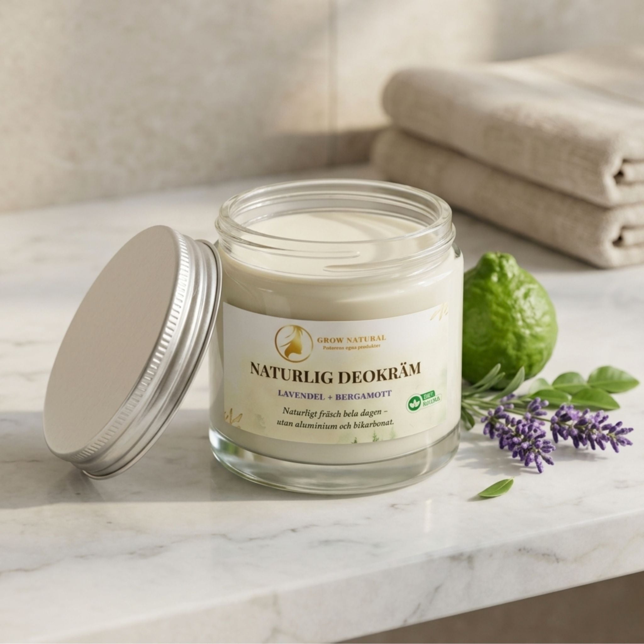 Grow Natural naturlig deokräm lavendel bergamott i glasburk på marmorbänk för känslig hud