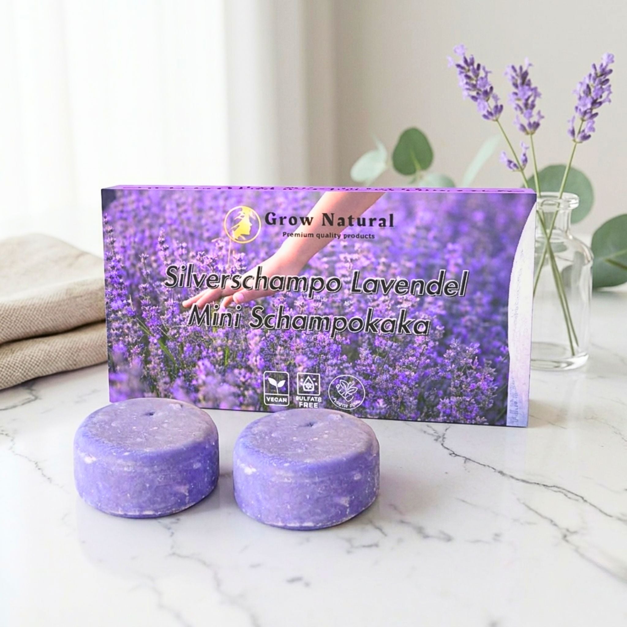 Grow Natural silverschampo lavendel minikakor med förpackning på marmoryta för kallare hårtoner
