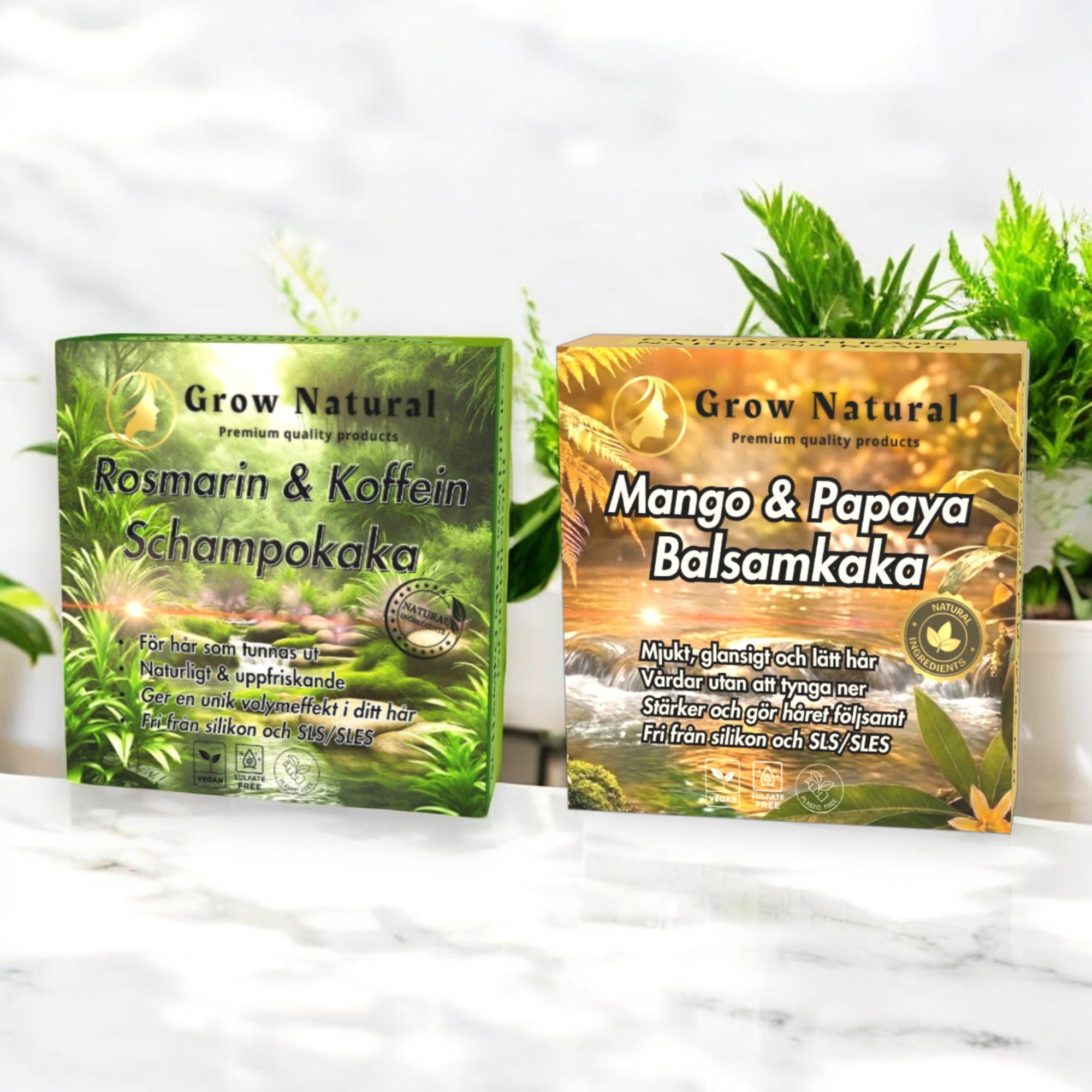 Grow Natural duo med Rosmarin & Koffein schampokaka och Mango & Papaya balsamkaka för volym, fyllighet och mjukt, följsamt hår.