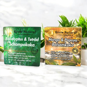 Grow Natural duo med Eukalyptus & Teträd schampokaka och Mango & Papaya balsamkaka för känslig hårbotten och mjukt, följsamt hår.