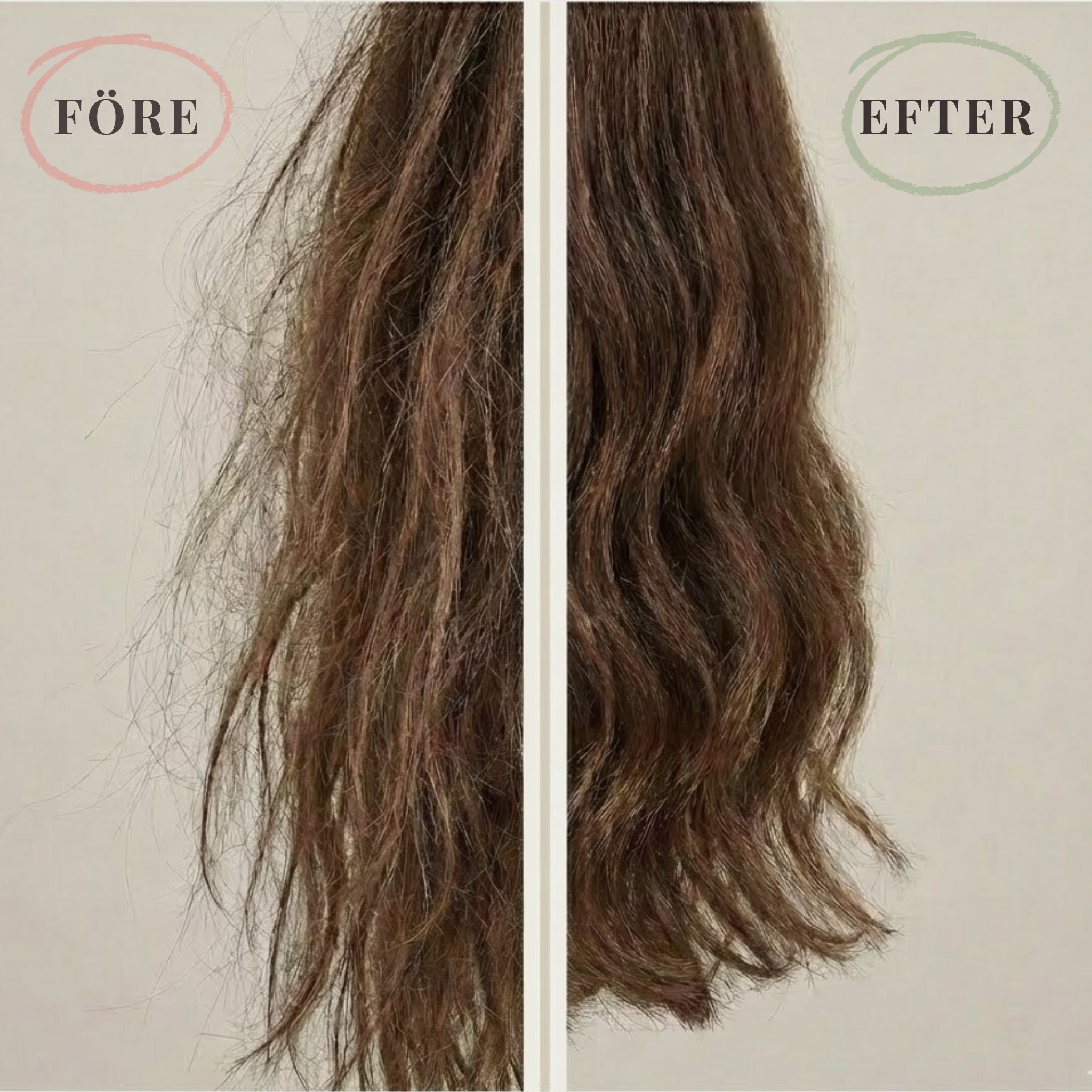 Före- och efterbild som visar mindre frissigt och mer följsamt hår efter Grow Natural ingefära & citron schampokaka.