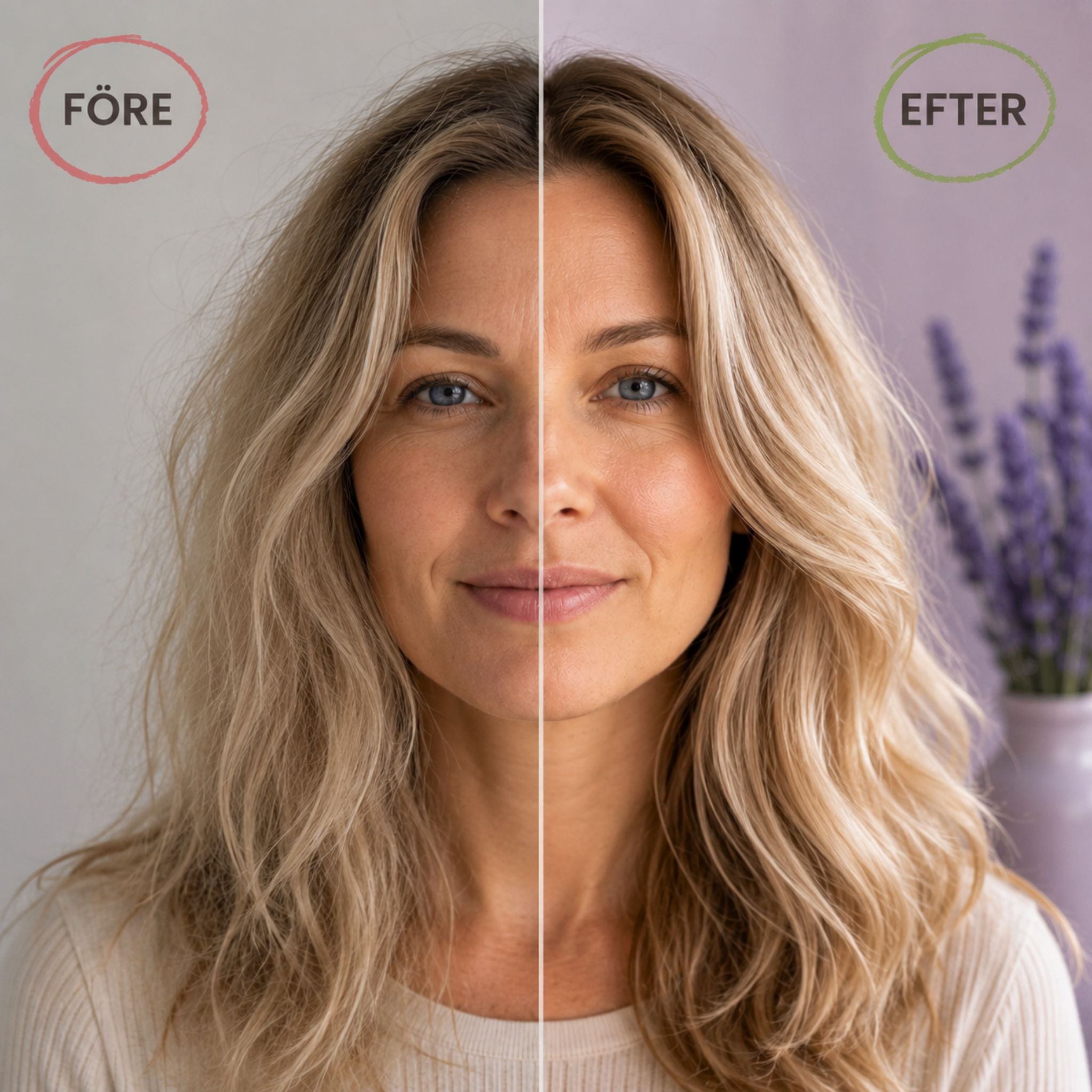 Före- och efterbild som visar mer återfuktat, mjukt och följsamt hår efter användning av Grow Natural lavendel balsamkaka.