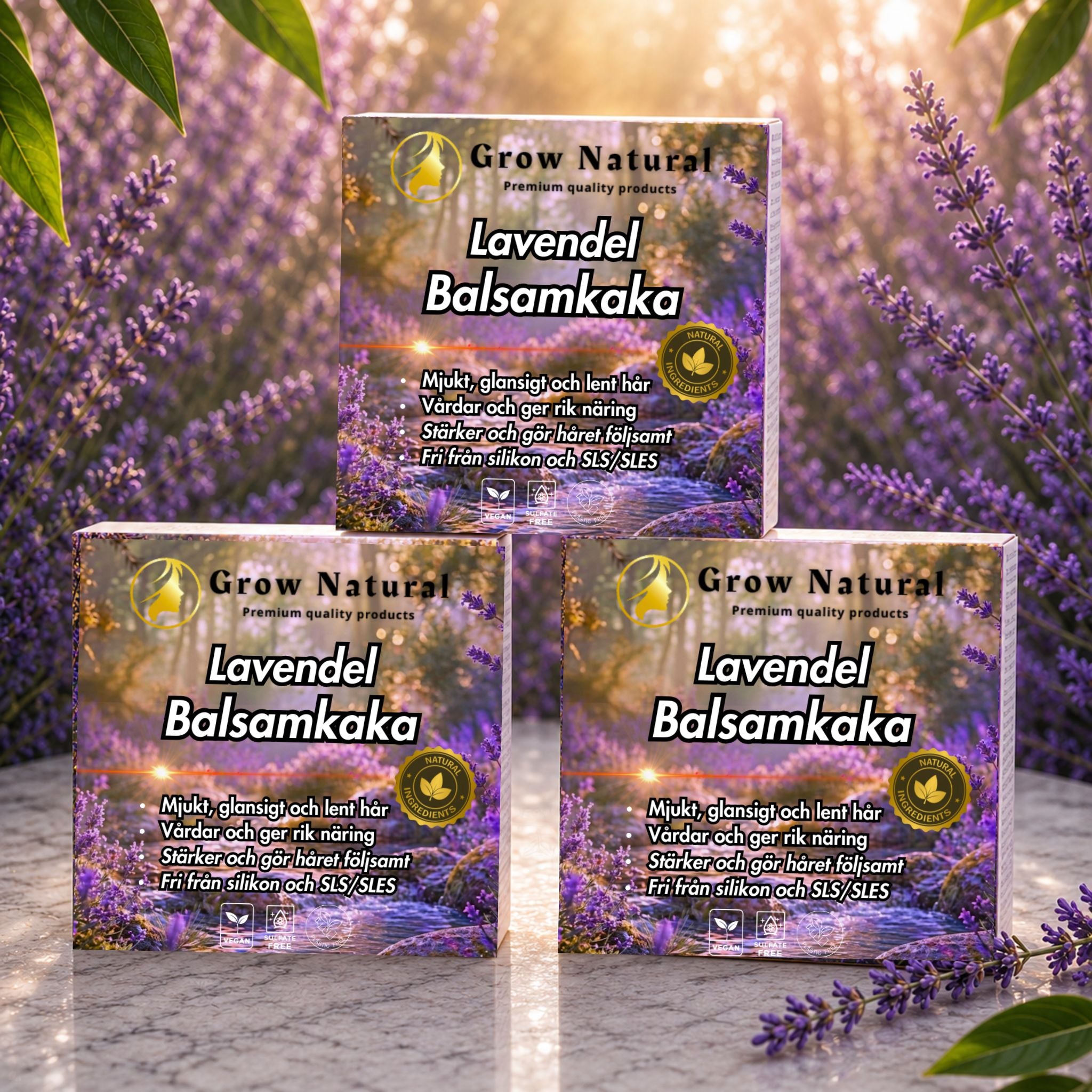 Trepack Grow Natural lavendel balsamkaka med lavendelblommor i en solbelyst miljö.