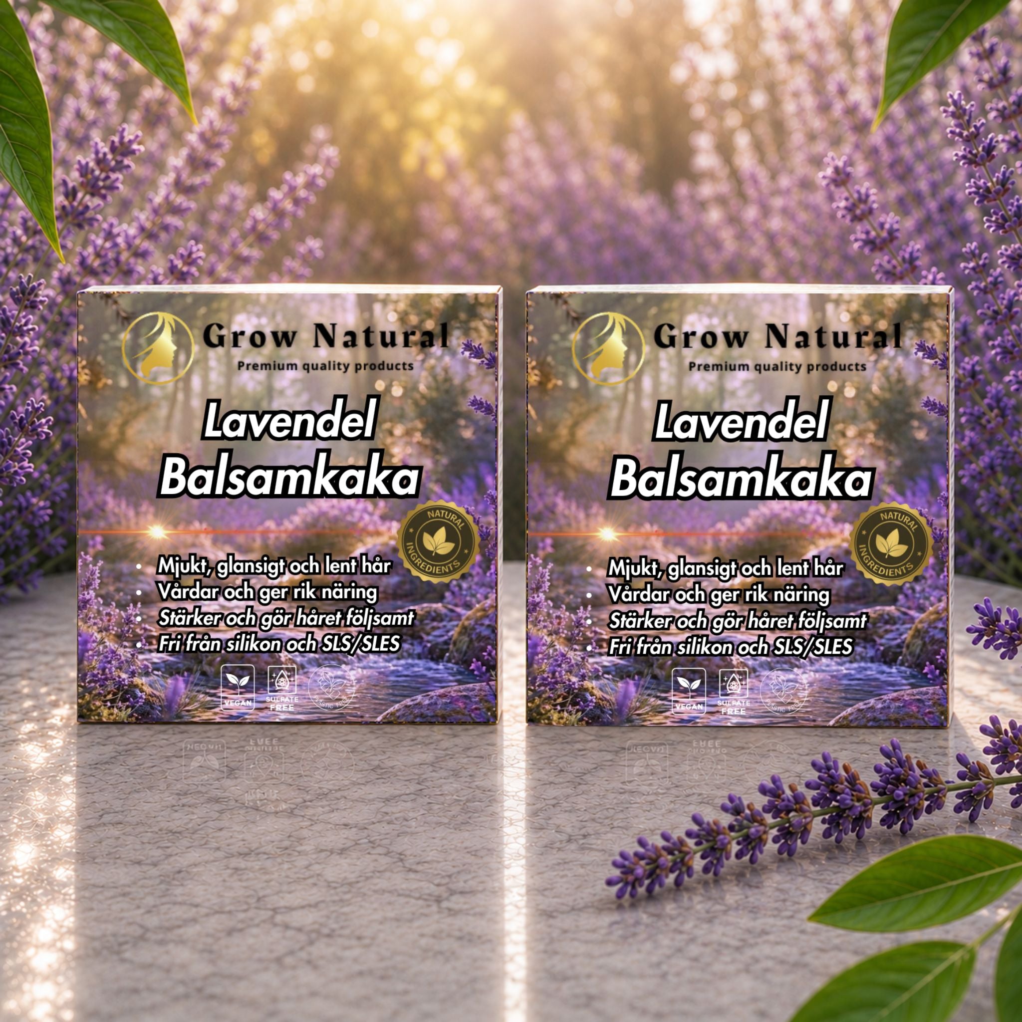 Tvåpack Grow Natural lavendel balsamkaka med lavendelblommor i en solbelyst miljö.