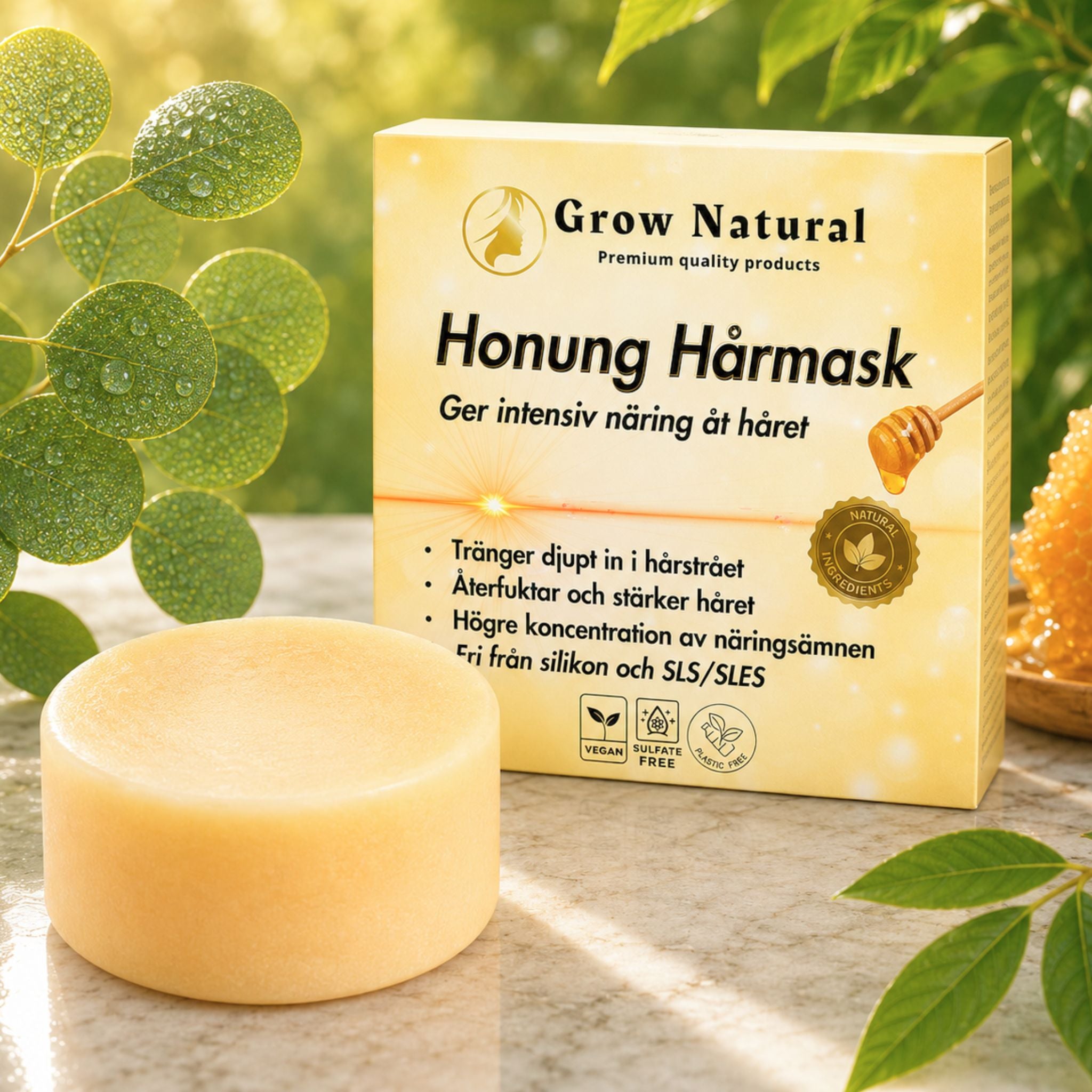 Honung hårmask i fast form som ger intensiv näring till håret från Grow Natural